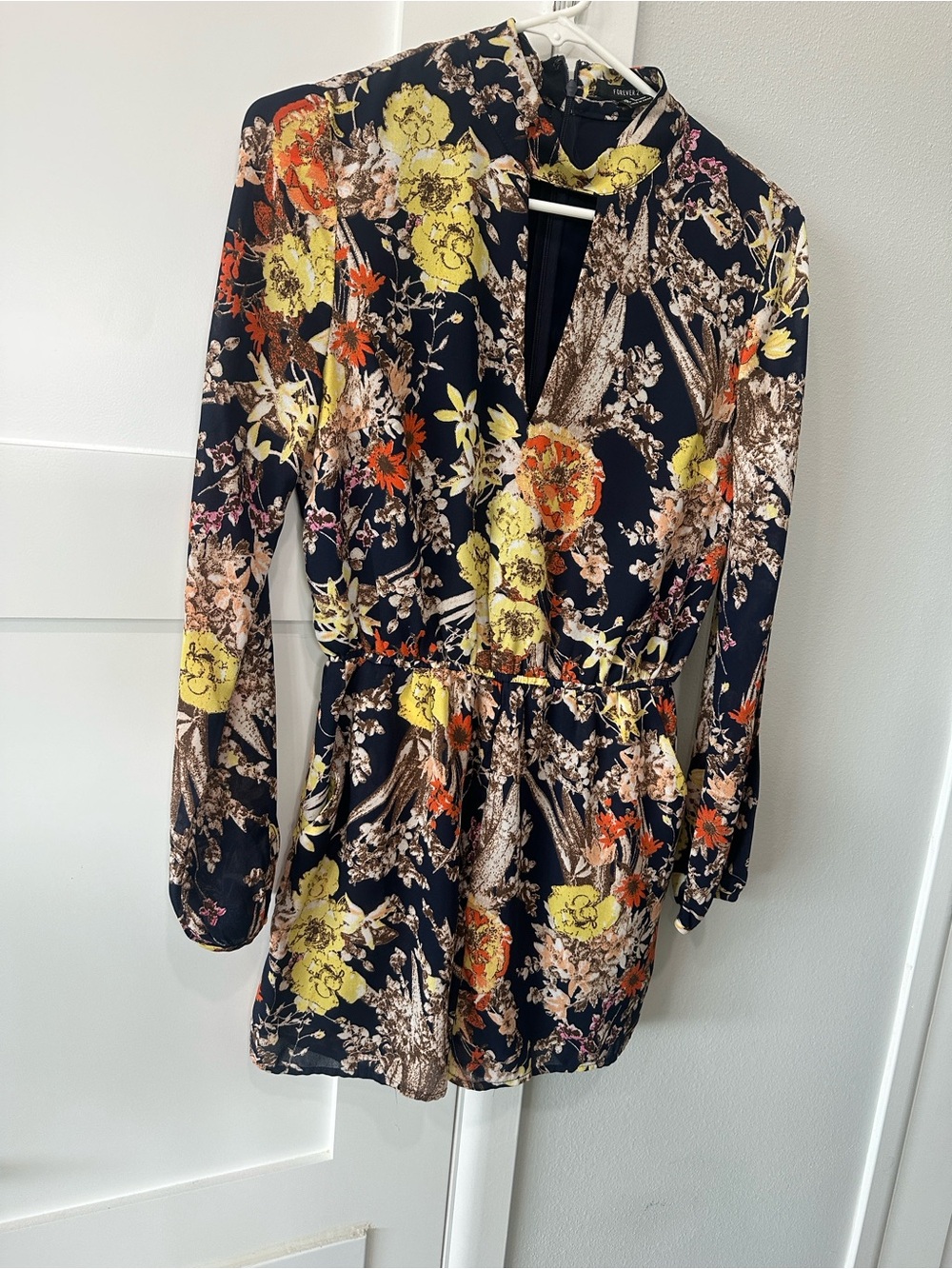 Forever 21 Black Long-Sleeve Floral Romper with Yellow & Orange Accents
